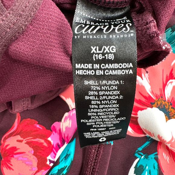 Embrace Your Curves Women Floral One Piece Bathing Swimsuit Burgundy XL 16/18 - Picture 7 of 9